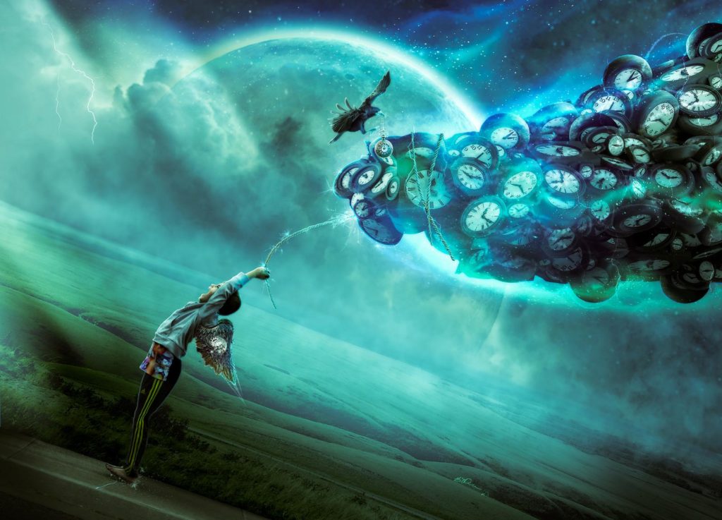 Fantasy composited photo of a winged child pulling a cloud of clocks.