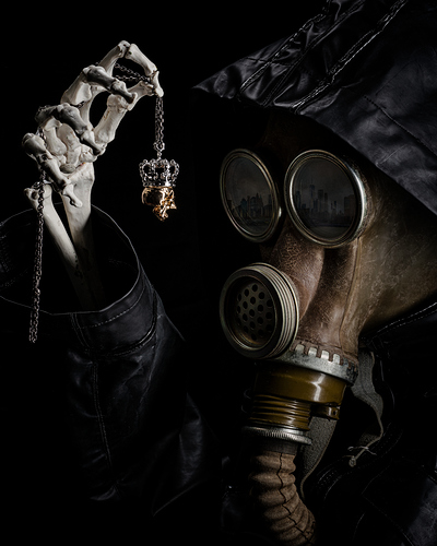 Skeleton wearing a gas mask.