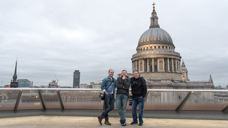 Peter Treadway, Dave Williams, and Scott Kelby posing in front of St. Paul's Cathedral.